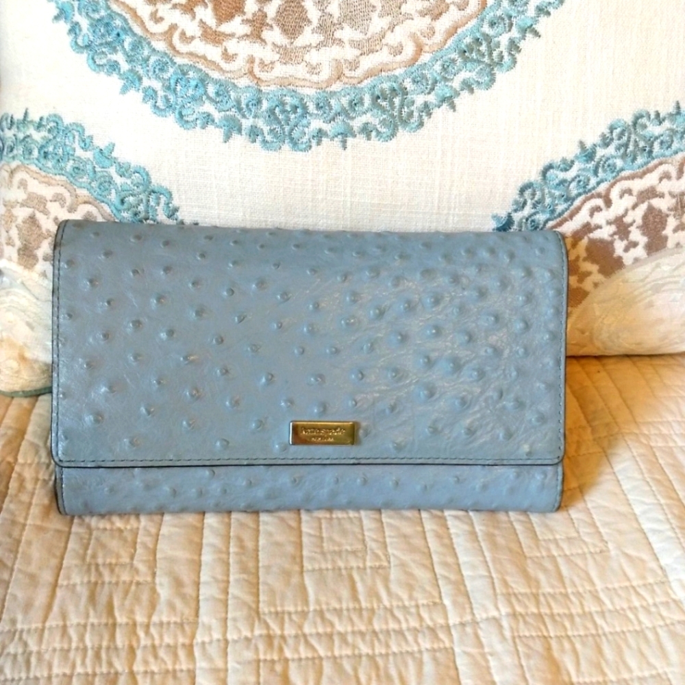 Original Kate Spade Large Blue Ostrich Leather Travel Wallet